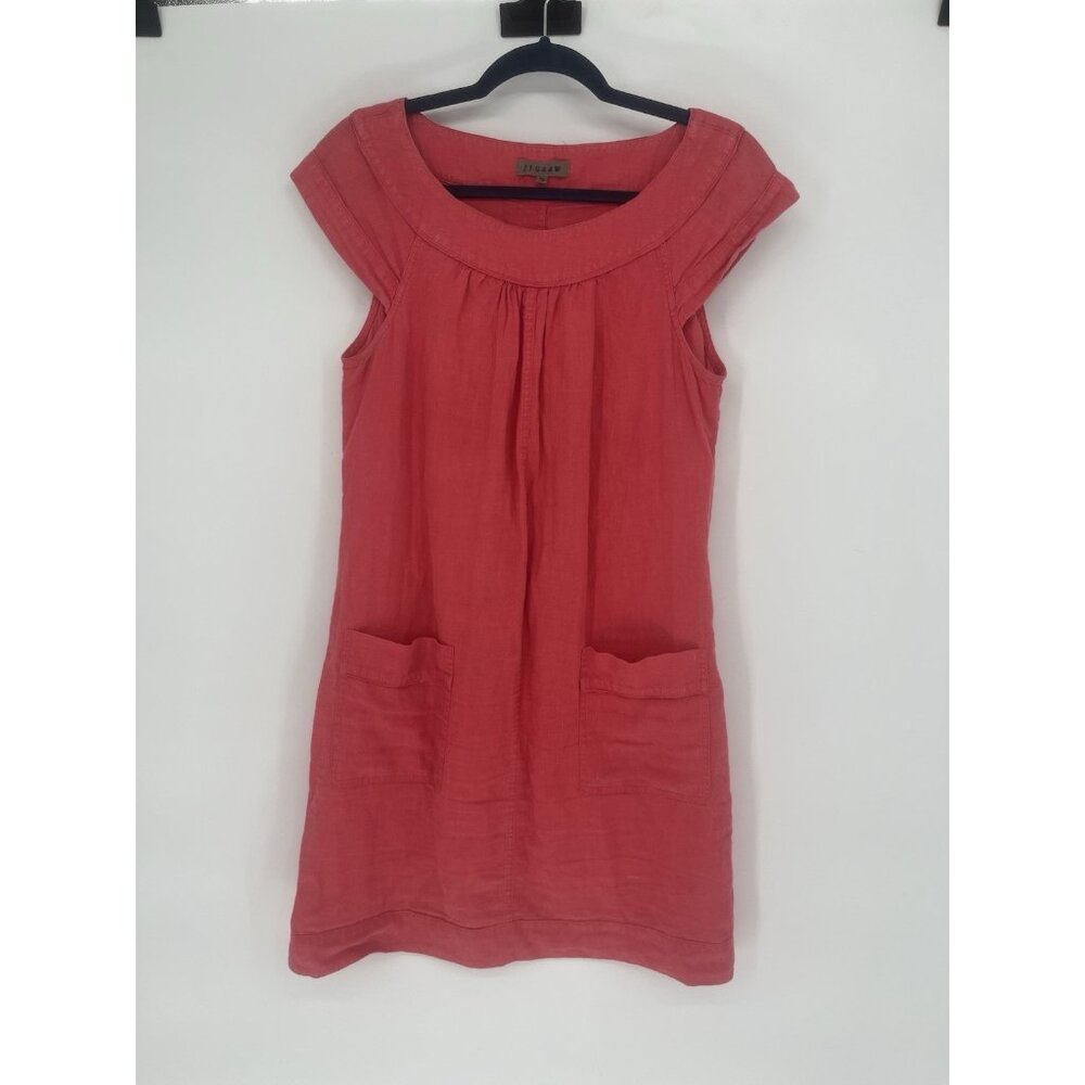 Jigsaw 100% Linen Dress Womens 12 Coral Sleeveless Shift‎ Pockets Teacher